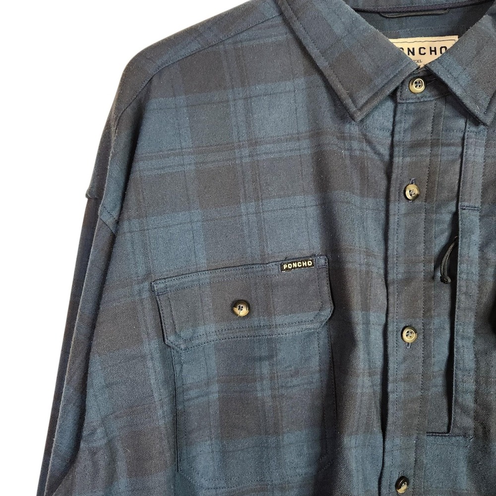 PONCHO Shirt Mens 2XL Blue Plaid Magnetic Pockets Regular Fit Twill Button Up - Picture 5 of 10